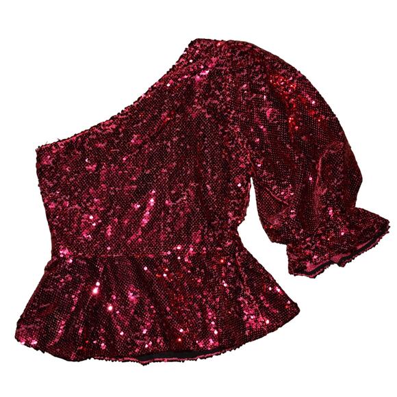 ZARA NEW $74 Pink Sequin Puff Sleeve One Shoulder Peplum Top XS - Picture 2 of 4
